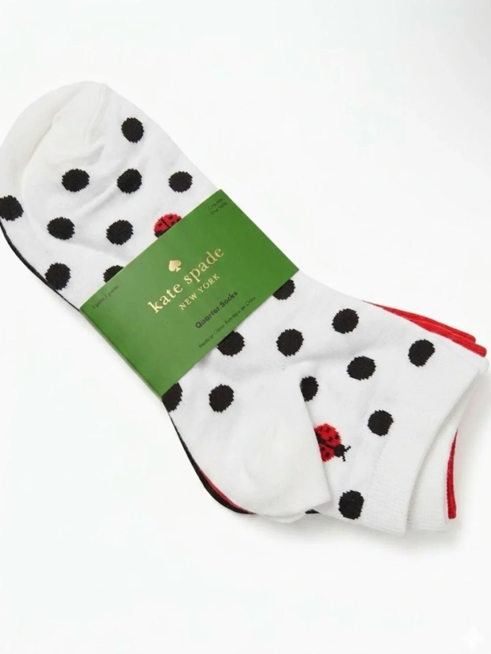 kate spade White Polka Dot Crew Socks with Black Dots and Red Accent